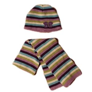 4 to 6X Hat Scarf Set Purple Blue Green White Stripes with Butterfly Winter